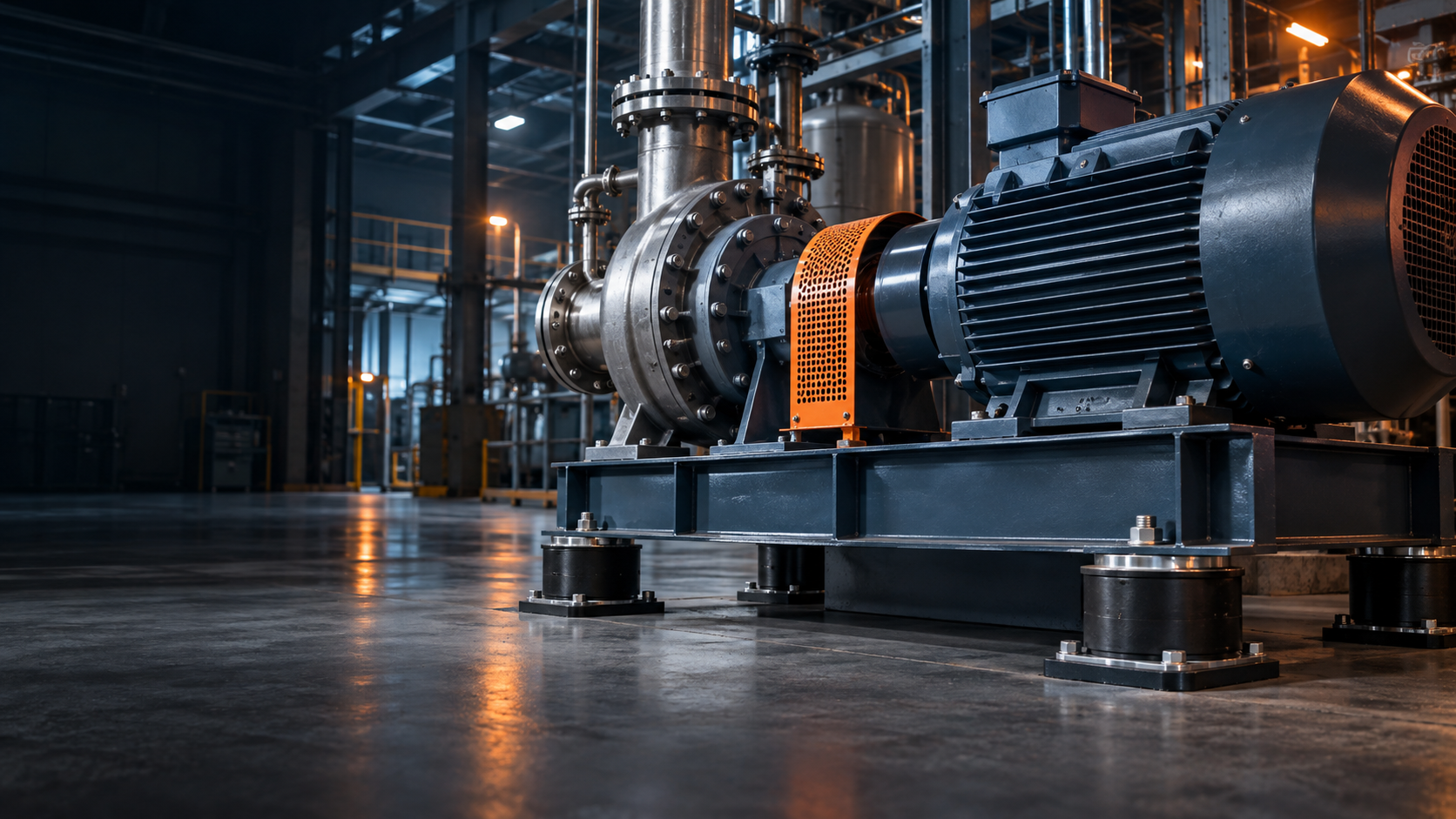 Conceptual industrial pump and motor installation supported by rubber vibration isolators