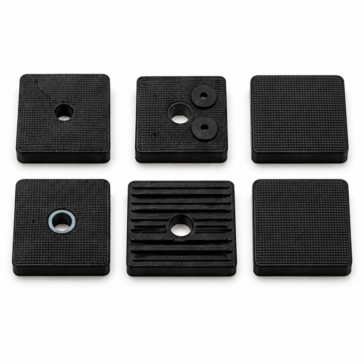 Square rubber isolation pads with solid and center-hole structures